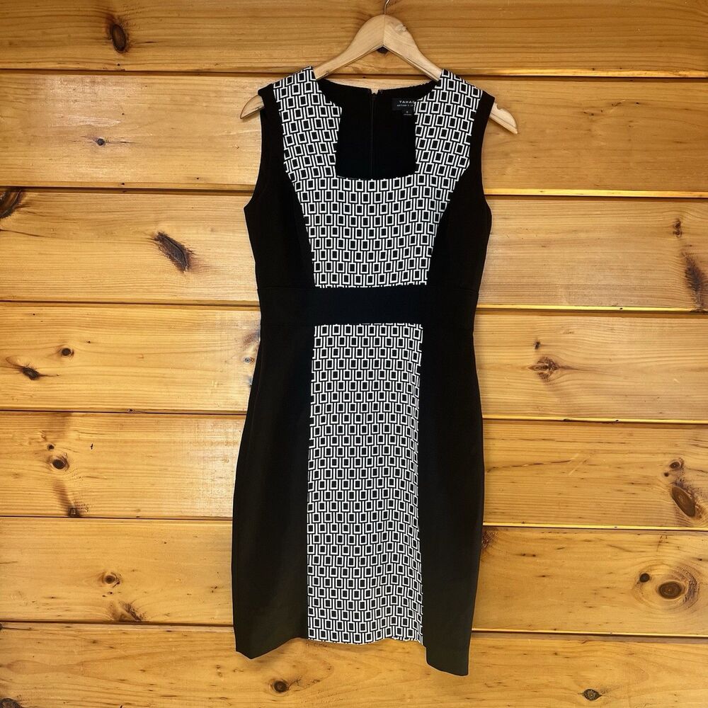 Tahari Dress Coquette ASL Levine Black White Geometric Block Print Sheath 4